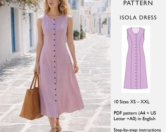 Patrón de costura para vestido de corte A • Vestido midi con botones delanteros • Costuras princesa, vestido sin mangas • Descarga digital en PDF - en inglés