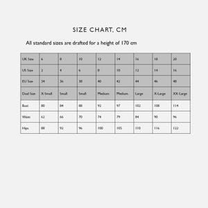 May include: A size chart in centimeters, with UK, US, EU, and dual sizing. Bust, waist, and hip measurements are listed. The chart is designed for individuals 170 cm tall.