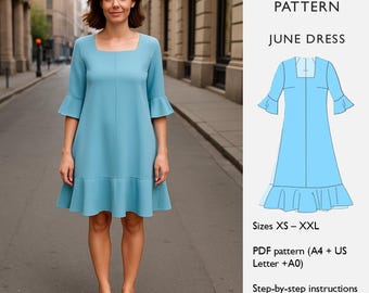 Schnittmuster für Kleid - Trapezkleid mit Volantärmeln & weichem Volant am Saum - PDF Digitaler Download - Juni Kleid
