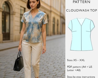 Short Sleeve Top Sewing Pattern - PDF Digital Download - V-Neck Blouse - Beginner-Friendly - Cloudwash Top  - in English