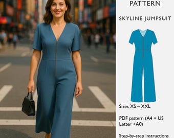 Patrón de costura de mono: escote en V con cremallera y pernera ancha - Estilo urbano moderno (Descarga PDF) - en inglés