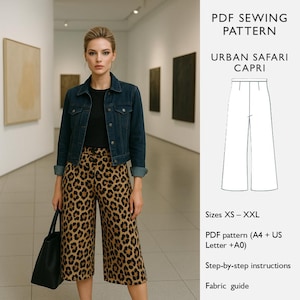 May include: A woman wearing a dark denim jacket, black top, and leopard print capri pants. The image includes a PDF sewing pattern for "Urban Safari Capri" pants, with sizes XS-XXL, step-by-step instructions, and a fabric guide.