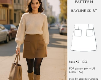 Patrón de costura de falda - Descarga digital en PDF - Minifalda evasé con bolsillos de parche - Falda Bayline - en inglés