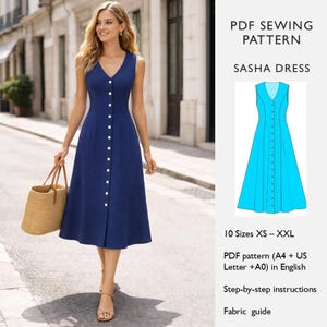 May include: A sleeveless, navy blue dress with a V-neck and white buttons down the front. The dress is knee-length and has a flared skirt. The image also includes a PDF sewing pattern for the "Sasha Dress" with step-by-step instructions and a fabric guide.