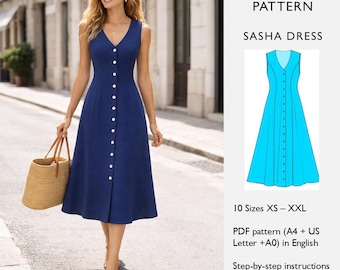 Patrón de vestido midi evasé - Descarga digital en PDF - Sin mangas, escote en V, corte princesa, botones delanteros - Vestido de verano - en inglés