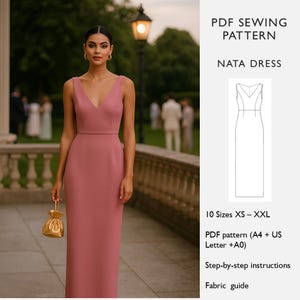 May include: A woman wearing a dusty rose-colored, sleeveless Nata dress with a V-neckline and a small gold purse. The image also includes a PDF sewing pattern for the dress, with text that reads "PDF Sewing Pattern Nata Dress".