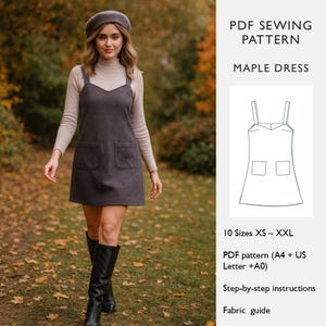 May include: A woman wearing a gray pinafore dress with two front pockets, a beige turtleneck, and black knee-high boots. She is also wearing a gray beret. The image includes a diagram of the Maple Dress and text that reads "PDF Sewing Pattern".