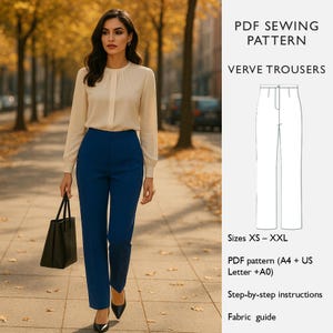 May include: A woman in a cream blouse and blue trousers walks on a pavement, holding a black tote bag. The image includes a diagram of trousers and text that reads "PDF SEWING PATTERN VERVE TROUSERS".