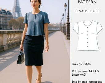 Bluse Schnittmuster - digitaler PDF Download - Oberteil mit Rundhalsausschnitt, Knopfverschluss vorne, Brustabnäher & entspannter, kurzer Passform - in englischer Sprache