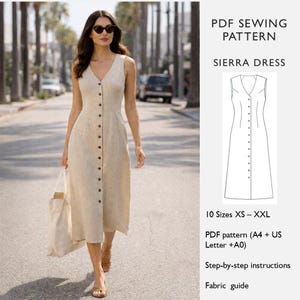 Op de afbeelding: Een vrouw draagt een beige knoopjurk met een V-hals, lopend op straat. De mouwloze jurk komt tot de knieën. De afbeelding bevat een PDF-naaipatroon voor de "Sierra Dress", maten XS-XXL.