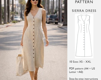 Patrón de costura para vestido midi con botones delanteros / Pinzas de busto y cintura / Vestido de lino de verano de corte A - Descarga digital en PDF en inglés