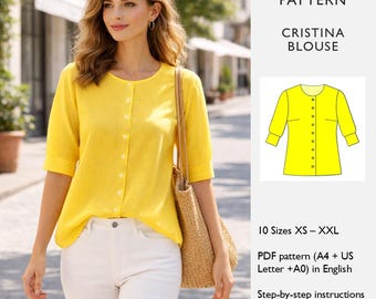 Patrón de costura para blusa holgada – Descarga digital en PDF - Top de verano / Botones delanteros / Cuello redondo / Camisa informal de verano - en inglés