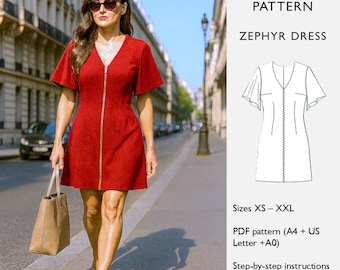 Schnittmuster für Kleid mit Reißverschluss vorne - A-Linie-Kleid mit ausgestellten Ärmeln, über dem Knie - PDF Digital Download - in englisch