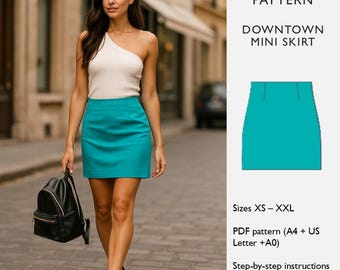 May include: A woman wearing a white one-shoulder top and a turquoise mini skirt. She is carrying a black backpack and walking on a cobblestone street. The image also includes a graphic of a mini skirt and text that reads "PDF SEWING PATTERN DOWNTOWN MINI SKIRT".