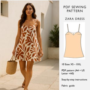 Pode incluir: Uma mulher usando um vestido Zara sem mangas com um padrão de folhas marrons em um fundo creme. O vestido tem alças finas e uma saia ligeiramente rodada. A imagem também inclui um padrão de costura PDF com o texto "ZARA DRESS".