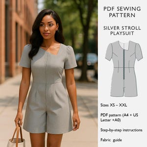 Playsuit Sewing Pattern – Asymmetrical Neckline, Palazzo Shorts, Puff Sleeve Romper  –  PDF Download –  Silver Stroll Playsuit