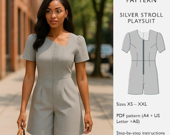 Playsuit Sewing Pattern – Asymmetrical Neckline, Palazzo Shorts, Puff Sleeve Romper  –  PDF Download –  Silver Stroll Playsuit  - in English