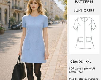 A-Linien Kleid Schnittmuster | PDF-Digitaler Download - Easy Modern Etuikleid | Trapezkleid mit kurzen Ärmeln - in englisch