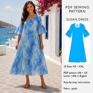May include: A PDF sewing pattern for the Susan Dress, featuring a blue watercolor print midi dress with a scoop neckline and bell sleeves. The digital file includes 10 sizes from XS to XXL, with instructions in English for A4, US Letter, and A0 formats.