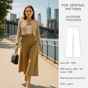 May include: A woman wearing a beige cropped jacket, white top, and tan wide-leg trousers, carrying a black handbag. The image includes text: "PDF Sewing Pattern, Hudson Trousers, Sizes XS-XXL, PDF pattern, Step-by-step instructions, Fabric guide."