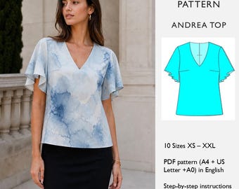 Top Sewing Pattern – Loose Fit Blouse with Flared Sleeves, V-Neck Top Pattern, PDF Digital Download  - in English