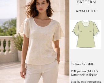 Patrón de costura para top de verano • Blusa holgada con mangas acampanadas • Cuello redondo - Descarga digital en PDF - en inglés