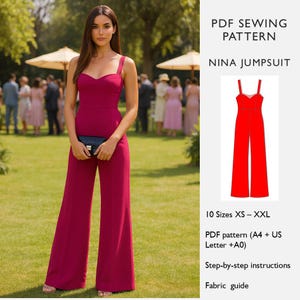 May include: A woman wearing a magenta jumpsuit with a sweetheart neckline and wide legs, holding a black clutch. The image includes a diagram of a red jumpsuit and text that reads "PDF SEWING PATTERN NINA JUMPSUIT".