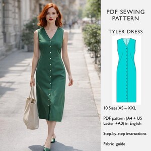 Midi Dress Sewing Pattern - Front Button Closure, V-neck and French Darts  - Women's Summer Dress PDF Digital Download - in English