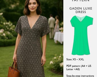 May include: A woman wearing a knee-length dress with a geometric pattern and a V-neckline. She is holding a brown tote bag. The image also includes a green dress illustration and text that reads "PDF Sewing Pattern, Gaden Luxe Dress, Sizes XS-XXL, PDF pattern, Step-by-step instructions, Fabric guide."