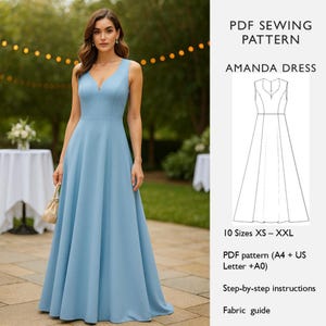 Puede incluir: Un vestido de fiesta azul claro sin mangas con cuello en V y falda fluida. La imagen también incluye un patrón de costura PDF para el "Vestido Amanda", con tallas de XS a XXL e instrucciones paso a paso.