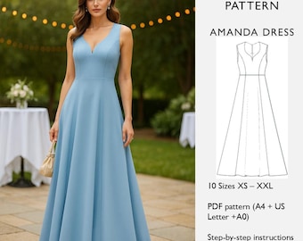 Schnittmuster Abendkleid |  Princess Seams Mieder, ausgestelltes Rockkleid | PDF Digitaler Download - Abschlussball, Brautjungfer, Anlass - In englischer Sprache