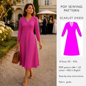 May include: A woman wearing a long-sleeved, fuchsia-colored dress with a V-neck. The dress is paired with nude heels and a brown handbag. The image also includes a PDF sewing pattern for a Scarlet Dress, available in sizes XS-XXL.