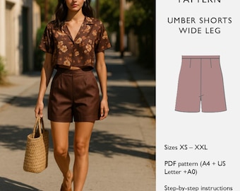 Shorts Sewing Pattern — PDF Shorts Pattern for Women, Wide-Leg Mid-Thigh Jamaica Shorts, Side Closure - The Umber Shorts  - in English