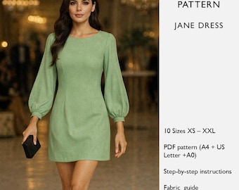 Patrón de costura para minivestido / Vestido tubo, cuello redondo, mangas obispo / - en inglés