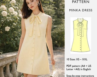 Patrón de costura para vestido recto – Minivestido trapecio con lazo en el cuello y botones en la parte delantera / Descarga digital en PDF - en inglés