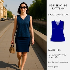May include: A woman wearing a navy blue V-neck top and matching skirt, carrying a tan handbag. The image includes a PDF sewing pattern for a "Nocturne Top" in sizes XS-XXL, with step-by-step instructions and a fabric guide.
