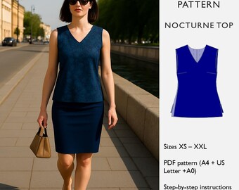 May include: A woman in a navy blue V-neck top and skirt, holding a tan handbag. The image includes a PDF sewing pattern for a "Nocturne Top" in sizes XS-XXL, with step-by-step instructions and a fabric guide.