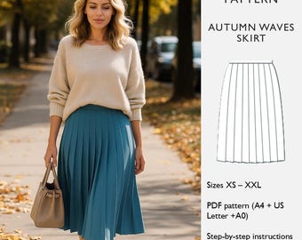 Pleated Skirt Sewing Pattern - Below Knee Skirt with 3cm Waistband -  (PDF Download) - Autumn Waves Skirt  - in English