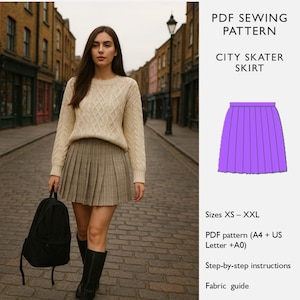 May include: A woman in a cream cable knit jumper and a plaid pleated skirt, carrying a black backpack. The image includes a PDF sewing pattern for a City Skater Skirt, available in sizes XS-XXL.