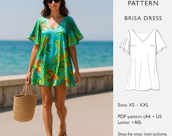 Tent Mini Dress Sewing Pattern  - Deep V-Neck and Flared Sleeves - PDF Digital Download  - in English