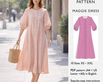 Midi Dress Sewing Pattern | Tent Dress with Bishop Sleeves and Front Button Placket | PDF Digital Download