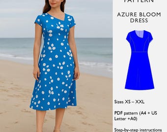 Patrón de costura para vestido evasé – Escote asimétrico – Descarga digital en PDF – Vestido Azure Bloom - en inglés