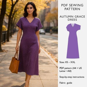 May include: A woman wearing a purple, patterned V-neck dress with short sleeves, holding a brown tote bag. The dress is a midi length. Text on the right reads "PDF Sewing Pattern, Autumn Grace Dress, Sizes XS-XXL, PDF pattern, Step-by-step instructions, Fabric guide."