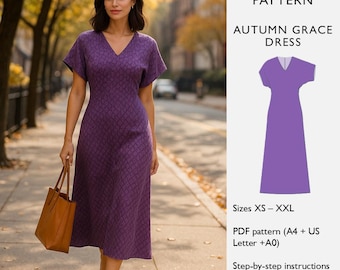 A-Line Batwing Dress Sewing Pattern: V-Neck Tea Length  - PDF Download  - in English