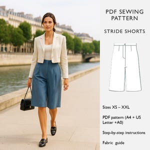 May include: A woman wearing a cream-colored blazer, white top, and blue shorts, carrying a black purse. The image also includes a PDF sewing pattern for "Stride Shorts" with sizes XS-XXL, step-by-step instructions, and a fabric guide.