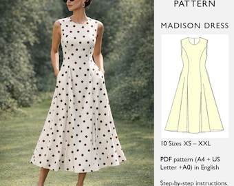 Patrón de costura para vestido midi: vestido sin mangas con costura princesa, cuello redondo y falda acampanada / Descarga digital en PDF - en inglés