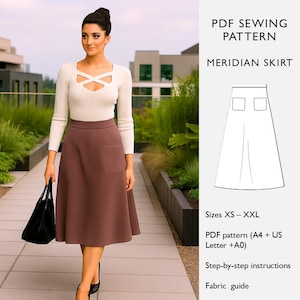 May include: A woman wearing a white long-sleeve top and a brown skirt with pockets. The image also shows a PDF sewing pattern for a Meridian skirt, with sizes XS-XXL, step-by-step instructions, and a fabric guide.