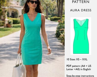 Shift Dress Sewing Pattern – Above Knee, Curved V-Neck, Bust Darts  - PDF Digital Downlad -  in English