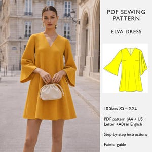 May include: A woman wearing a mustard yellow V-neck dress with flared sleeves and a small white purse. The image includes a PDF sewing pattern for the "ELVA DRESS" in sizes XS-XXL, with step-by-step instructions and a fabric guide.