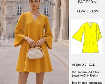 Dress Sewing Pattern – Tent Mini Dress with V-Neck & Bell Sleeves | PDF Digital Download  - in English
